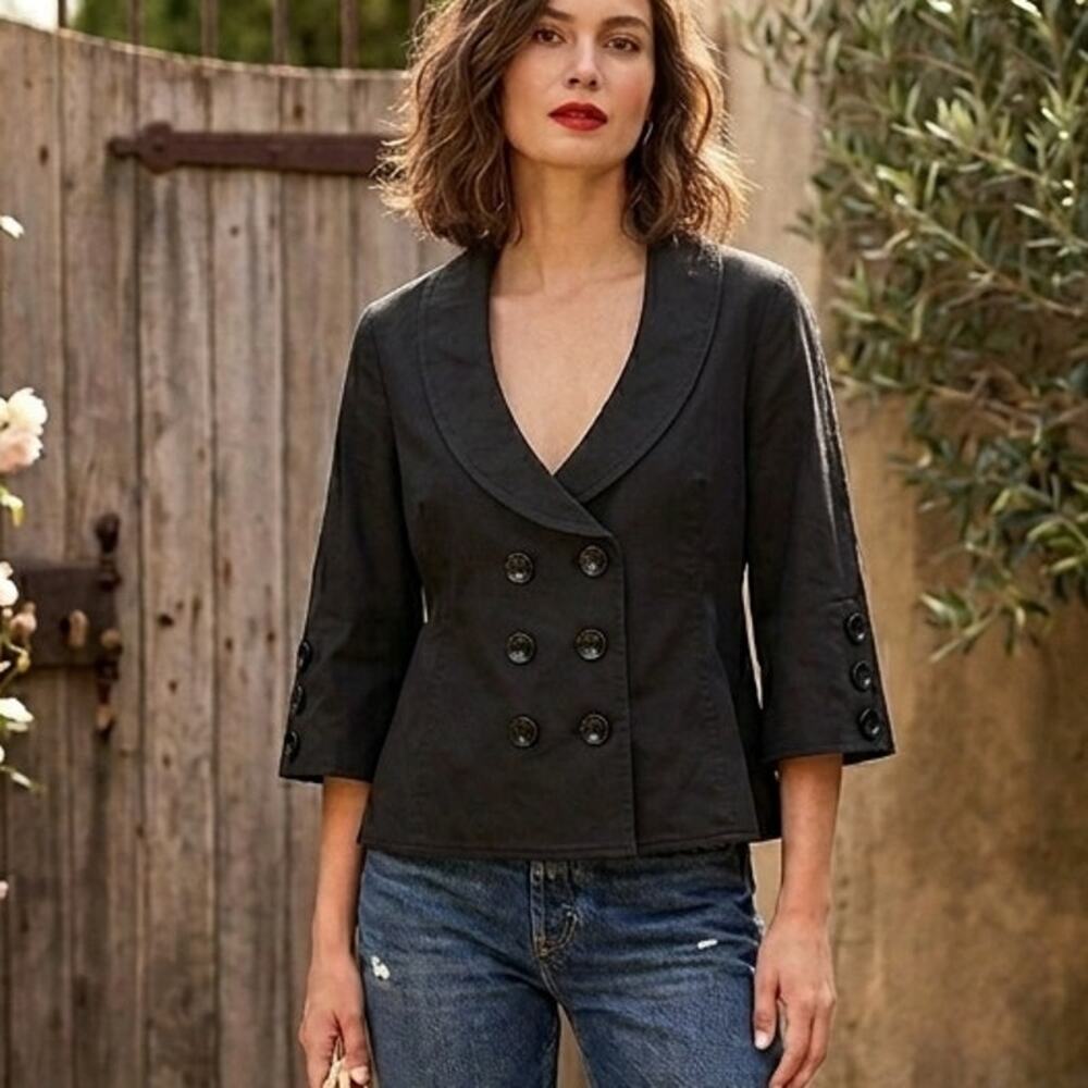 ANN FONTAINE Twill Double Breasted Crop Blazer Size 8 Swing Jacket Soft Black